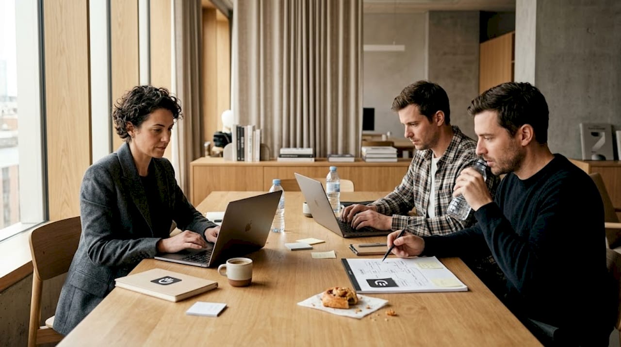 Team collaborating with retrieval workflow laptops