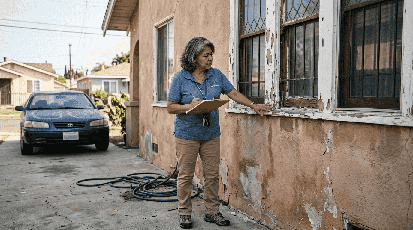 Property manager inspecting exterior paint damage