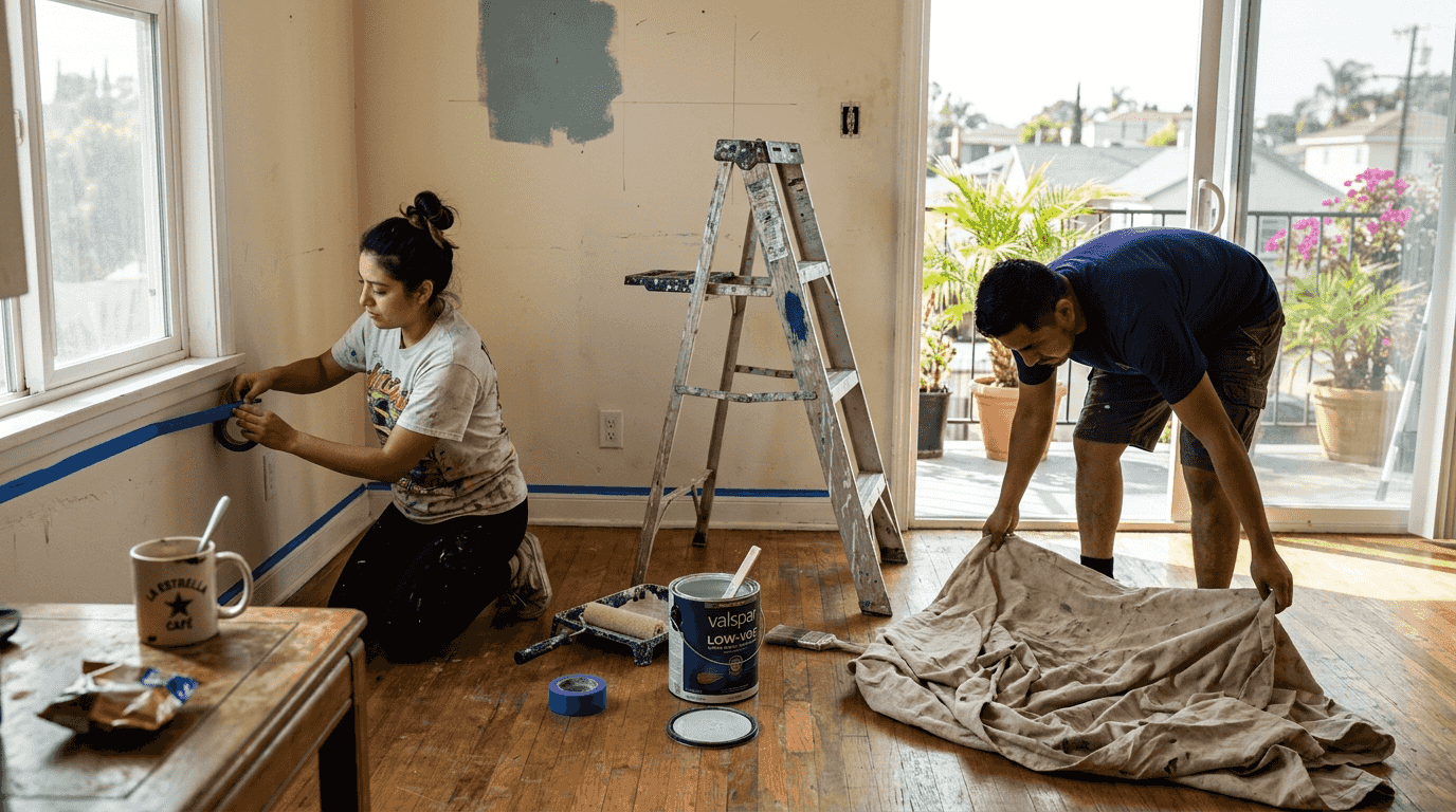 Couple preparing living room for painting project