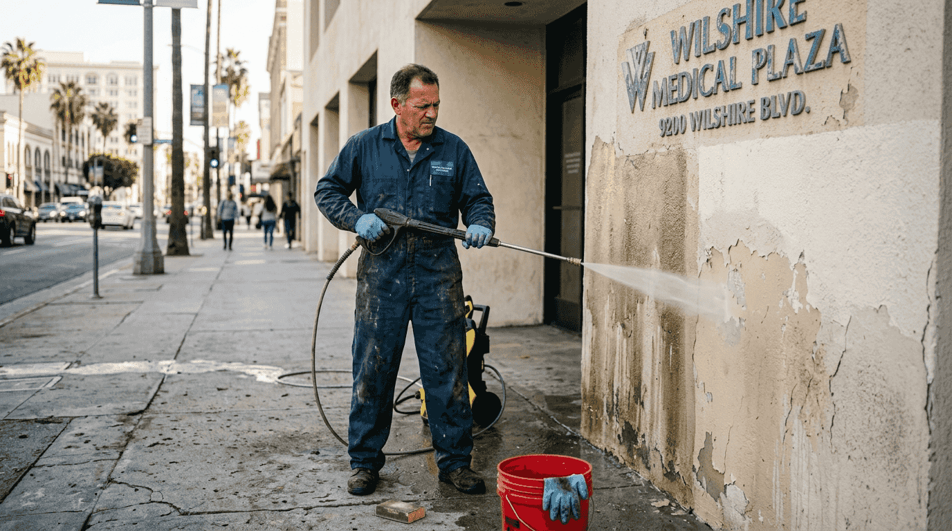 Technician prepares stucco office wall for painting