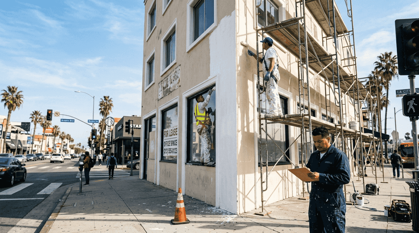 Painters refreshing exterior of LA office building