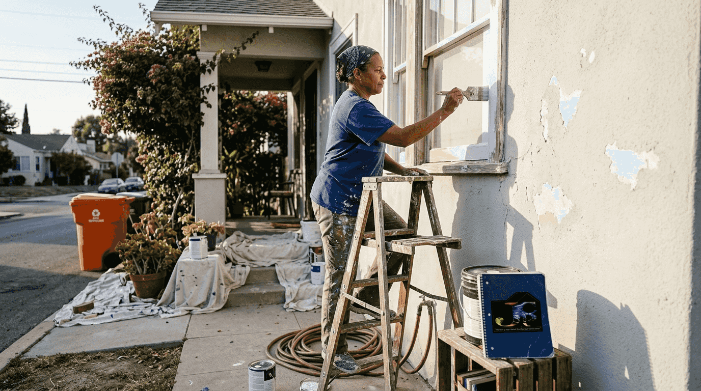 Homeowner painting LA stucco house exterior