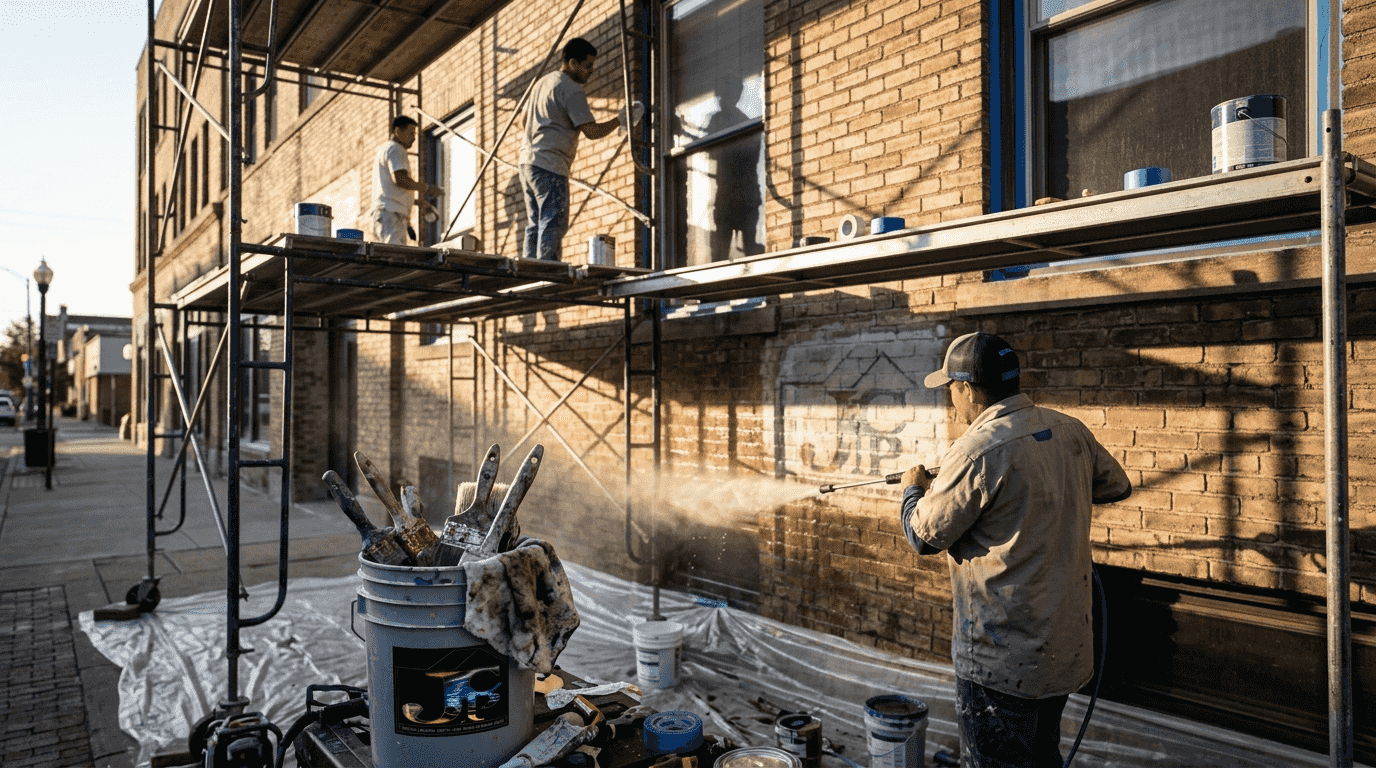Painters prepping wall before commercial repaint