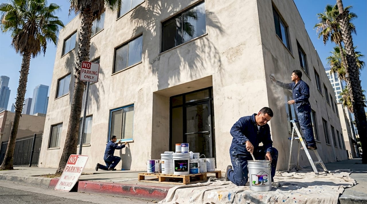 Painters prepping LA office exterior morning