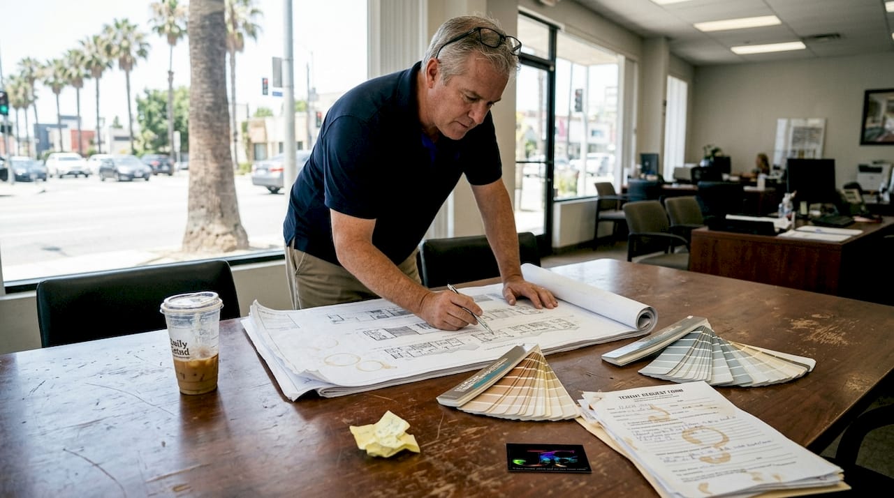 Property manager reviews LA elevation painting plans