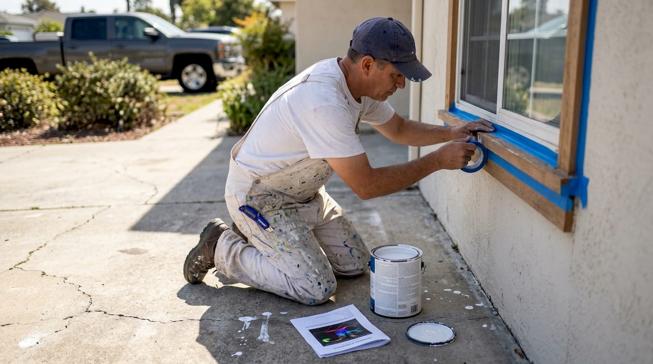 Painter prepares jobsite with insurance papers visible