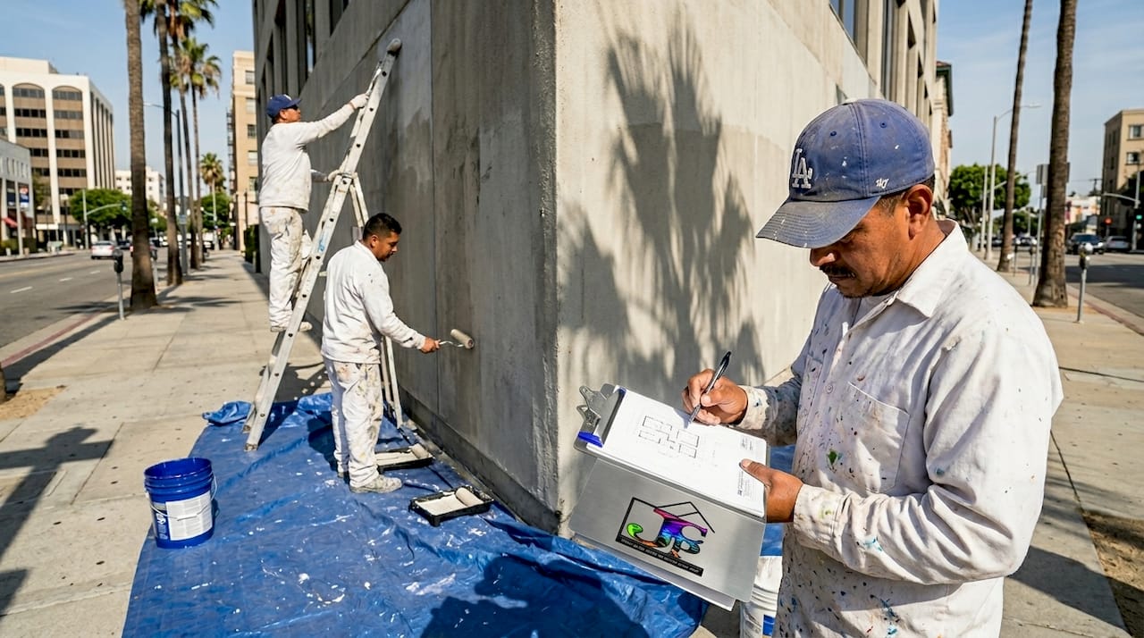 Painters prepping exterior LA office building