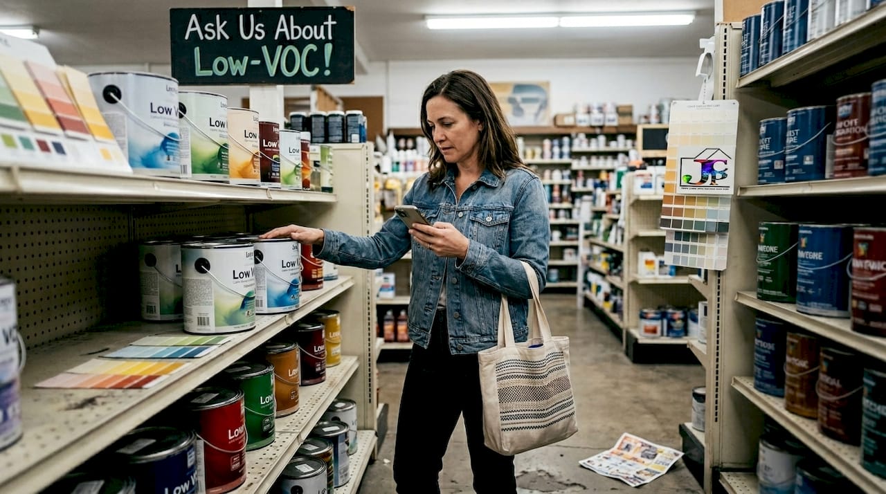 Customer comparing low VOC paint choices aisle