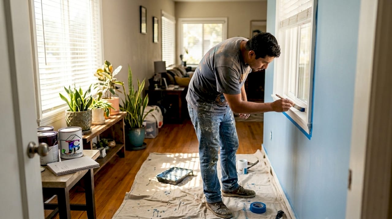 Homeowner painting living room wall with supplies
