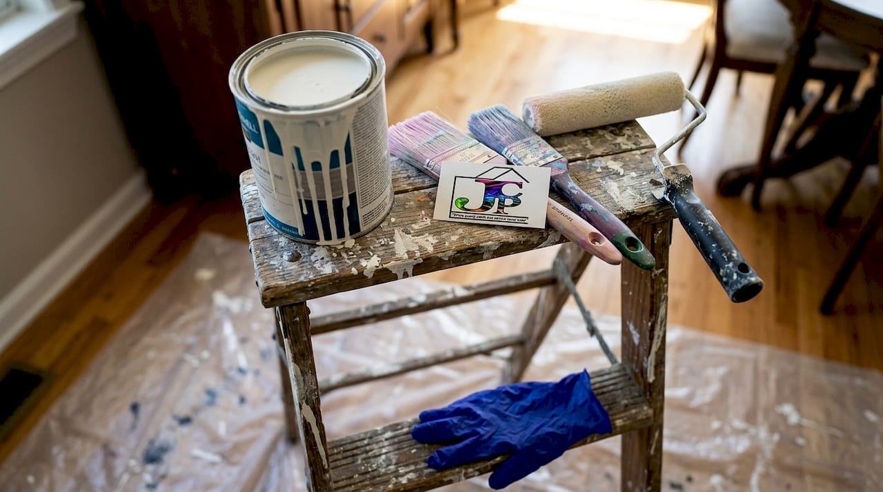 Close-up of painting tools and supplies