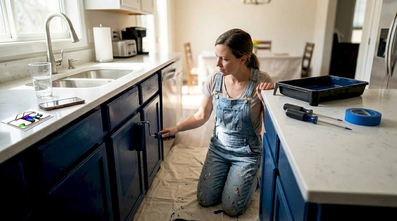 Woman painting lower kitchen cabinets blue