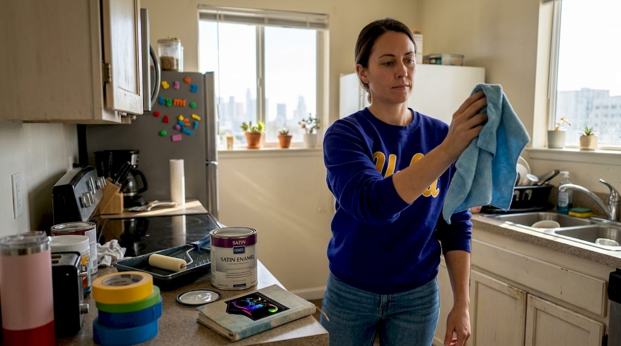 Woman cleaning cabinets before painting in LA kitchen
