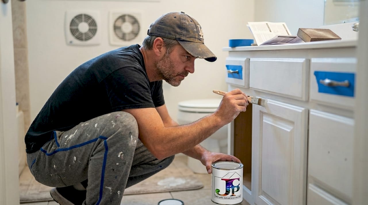 Man priming laminate bathroom cabinet in real setting