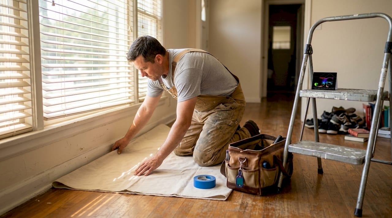 Painter prepares room with drop cloth and tools