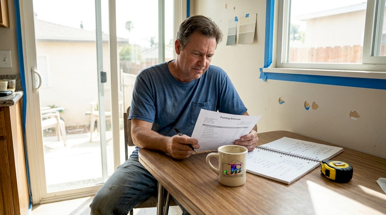 Homeowner reviews painting estimate at kitchen table