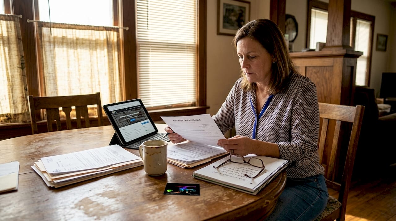 Woman reviews painter insurance at home table