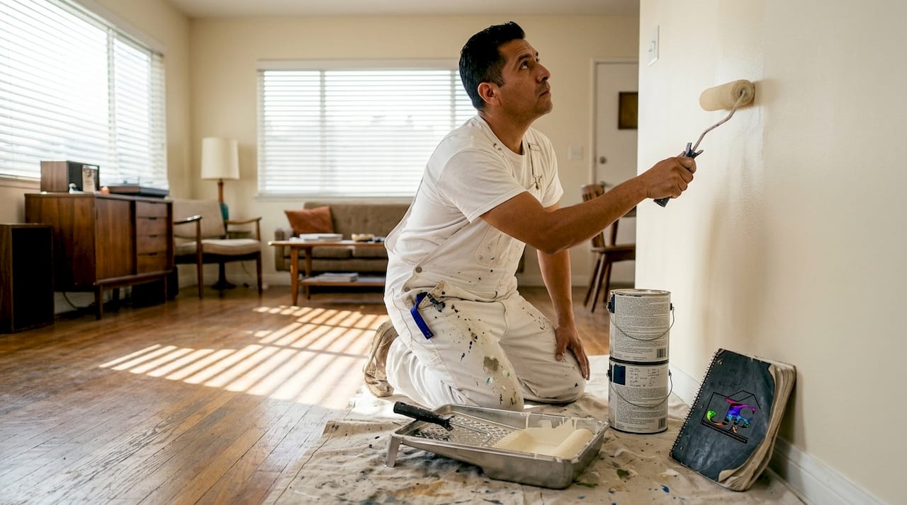 Painter rolling wall in Los Angeles apartment