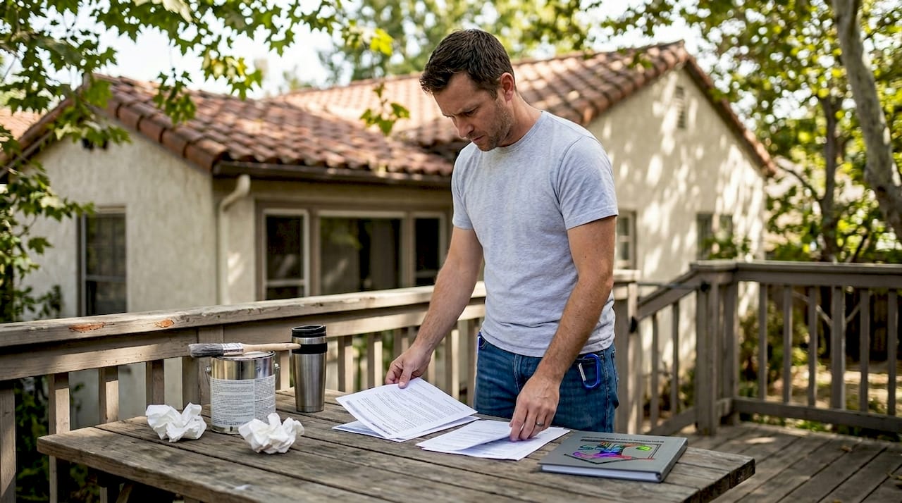 Homeowner reading paint warranty on porch