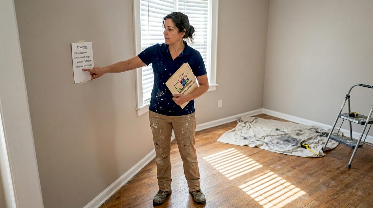 Contractor reviews paint warranty in home