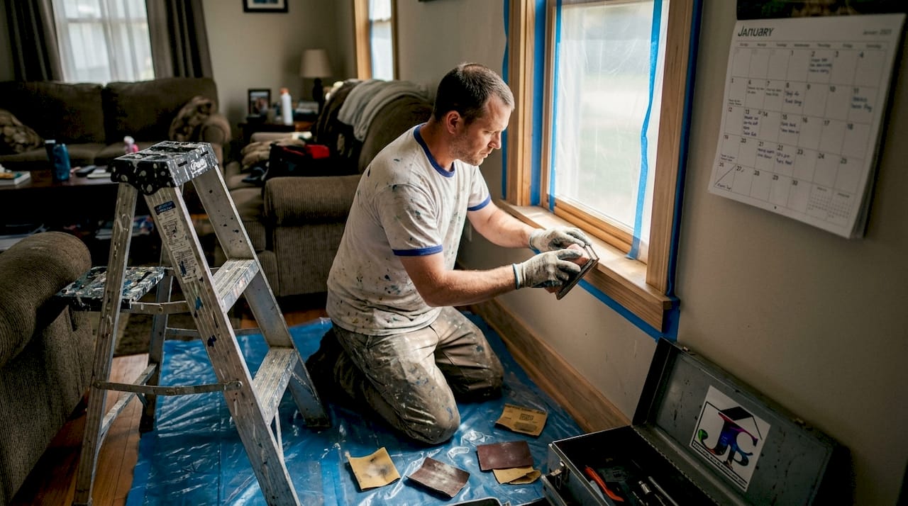 Painter sanding window frame during prep