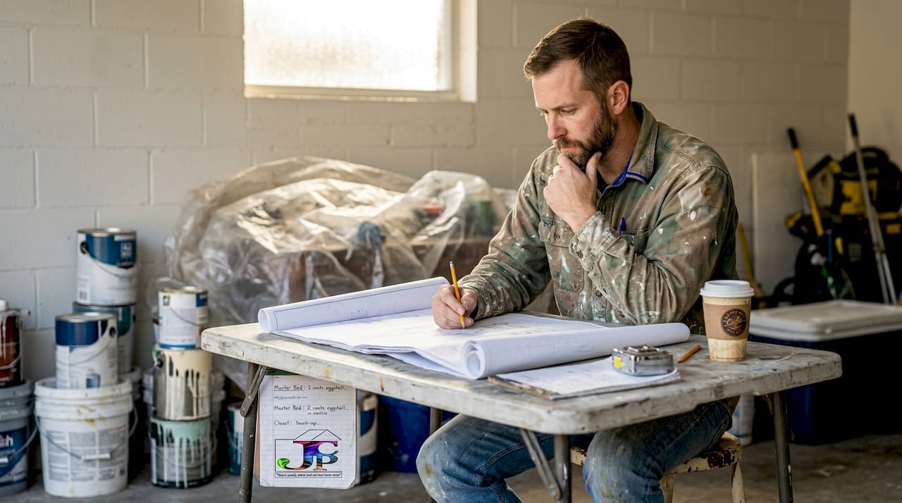Painting contractor reading blueprints in garage