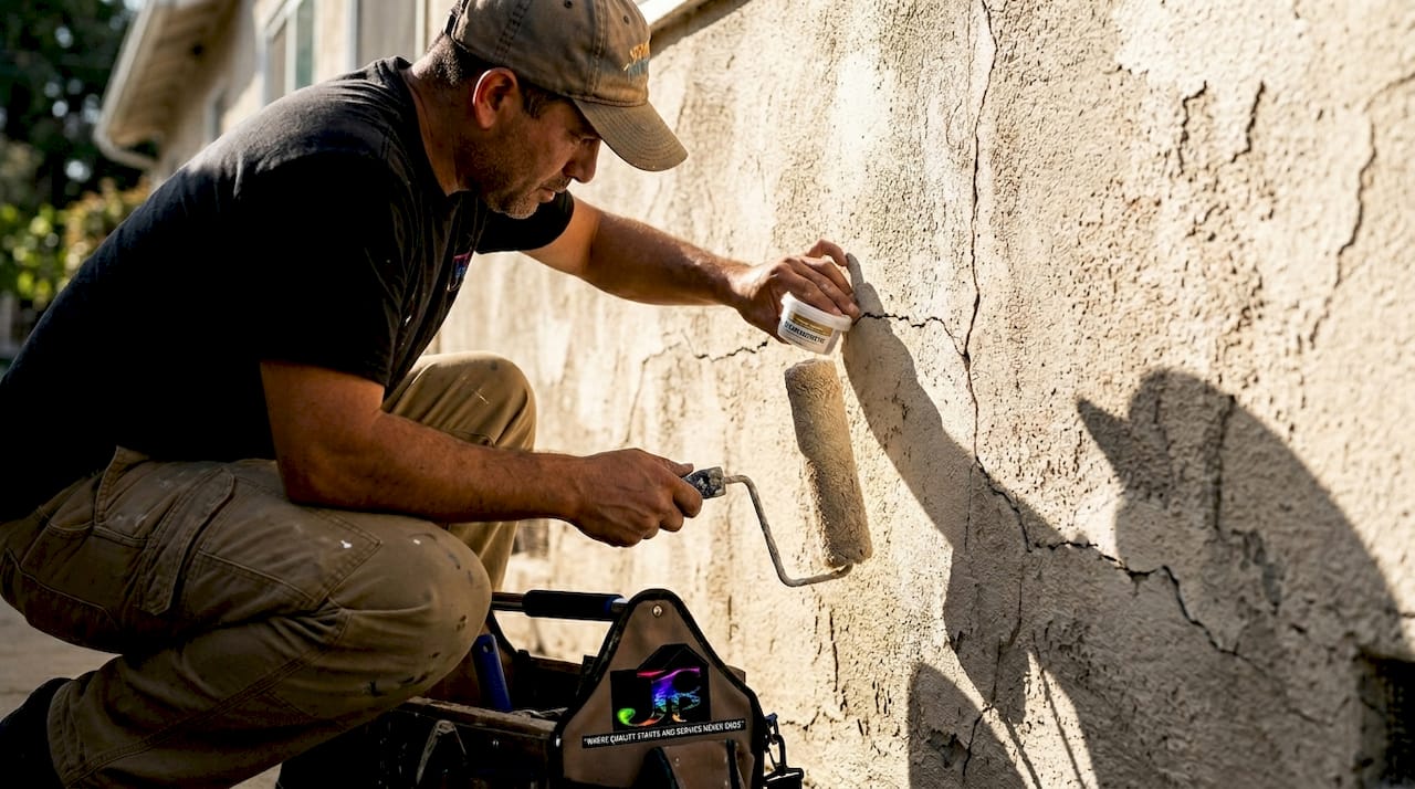 Painter inspecting stucco wall with elastomeric paint
