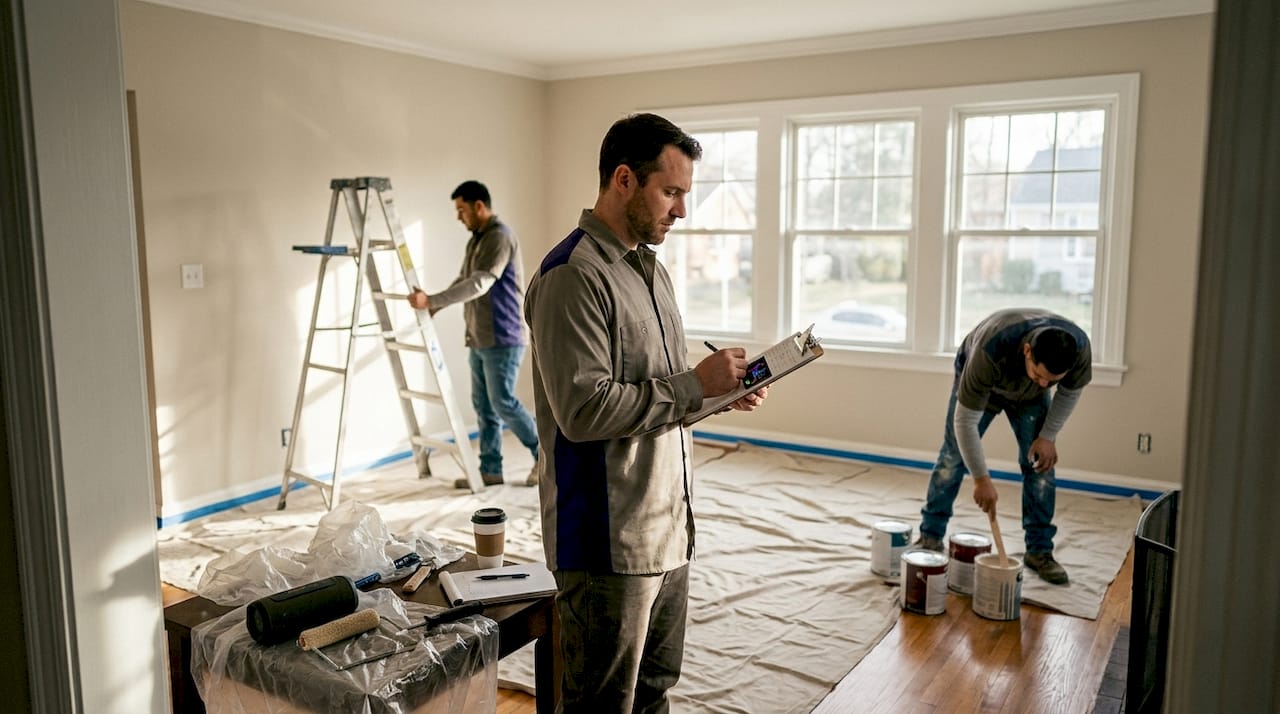 Project manager directs home interior painting crew