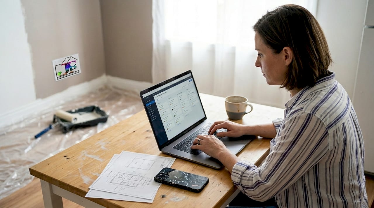Woman updates painting project details at kitchen table