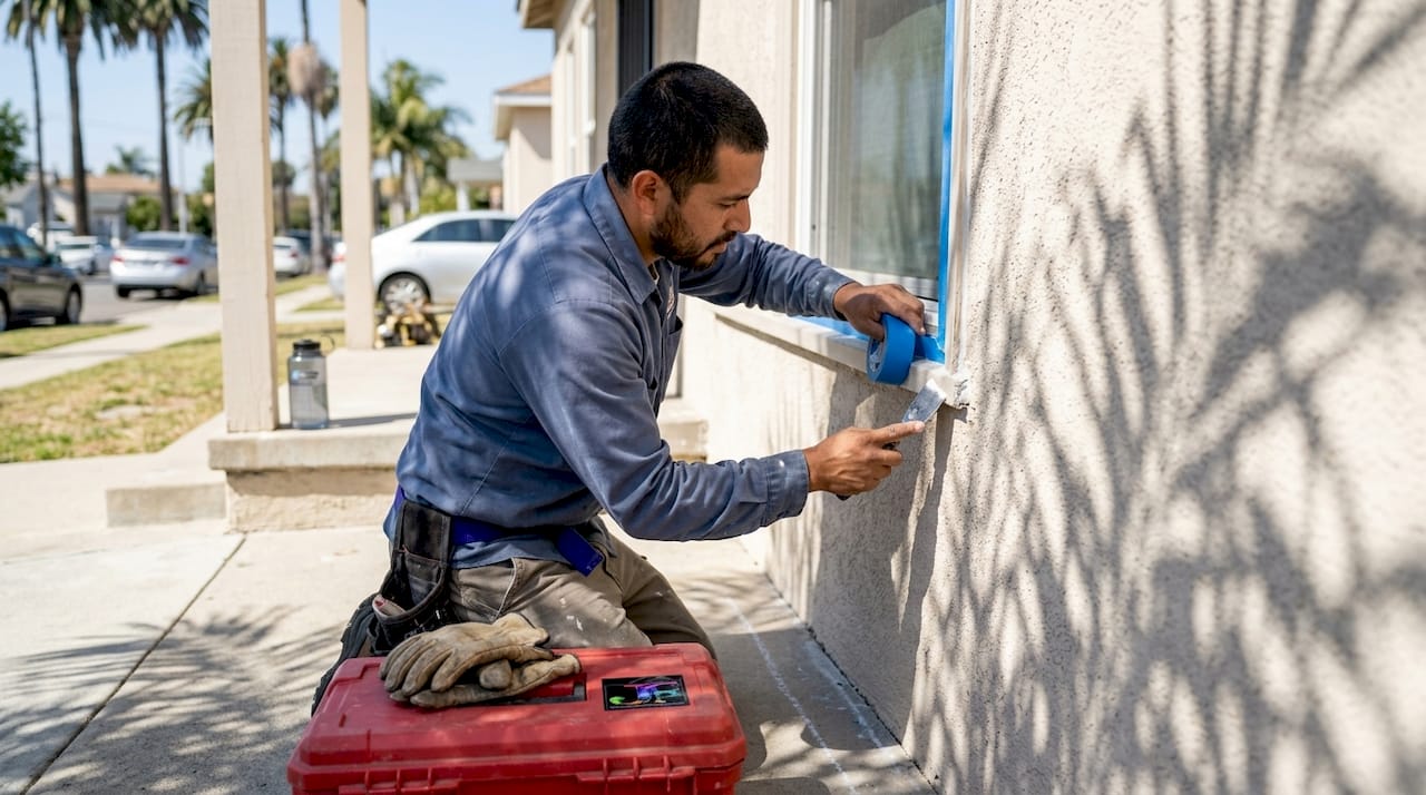 Painter prepping stucco wall in LA sunlight