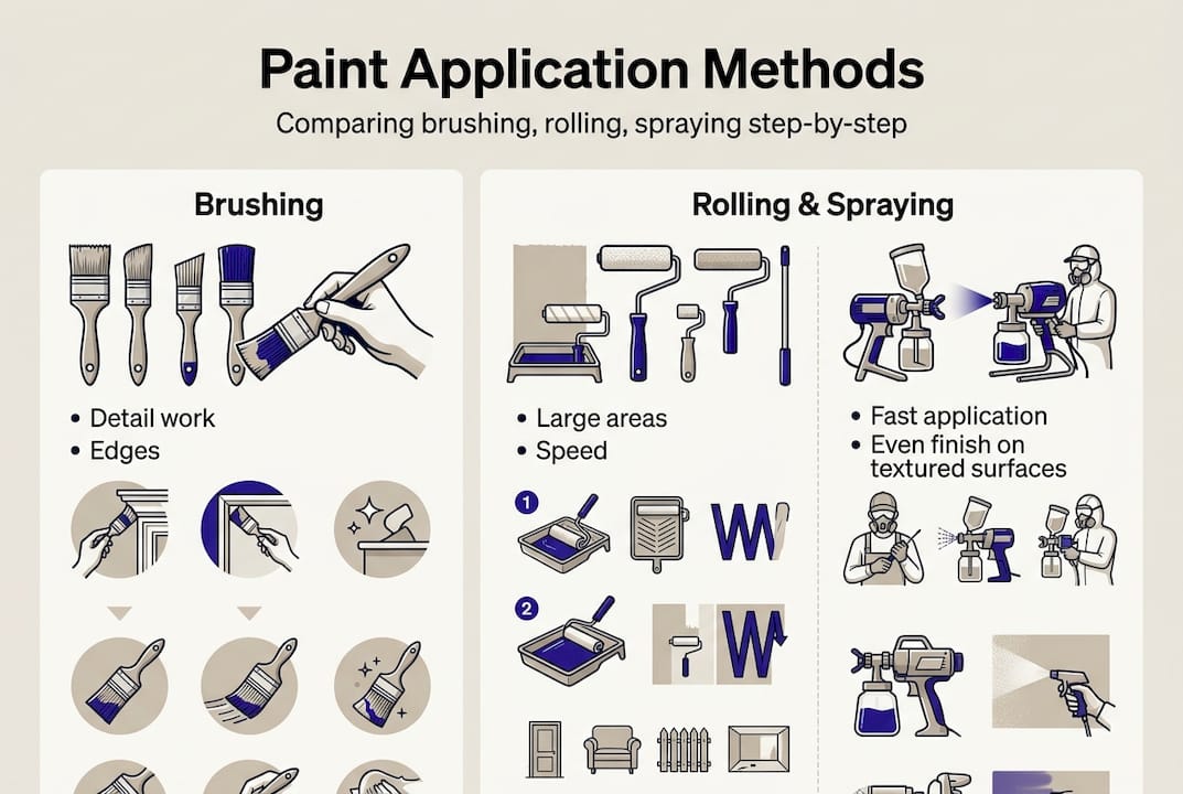 Infographic comparing brushing, rolling, spraying