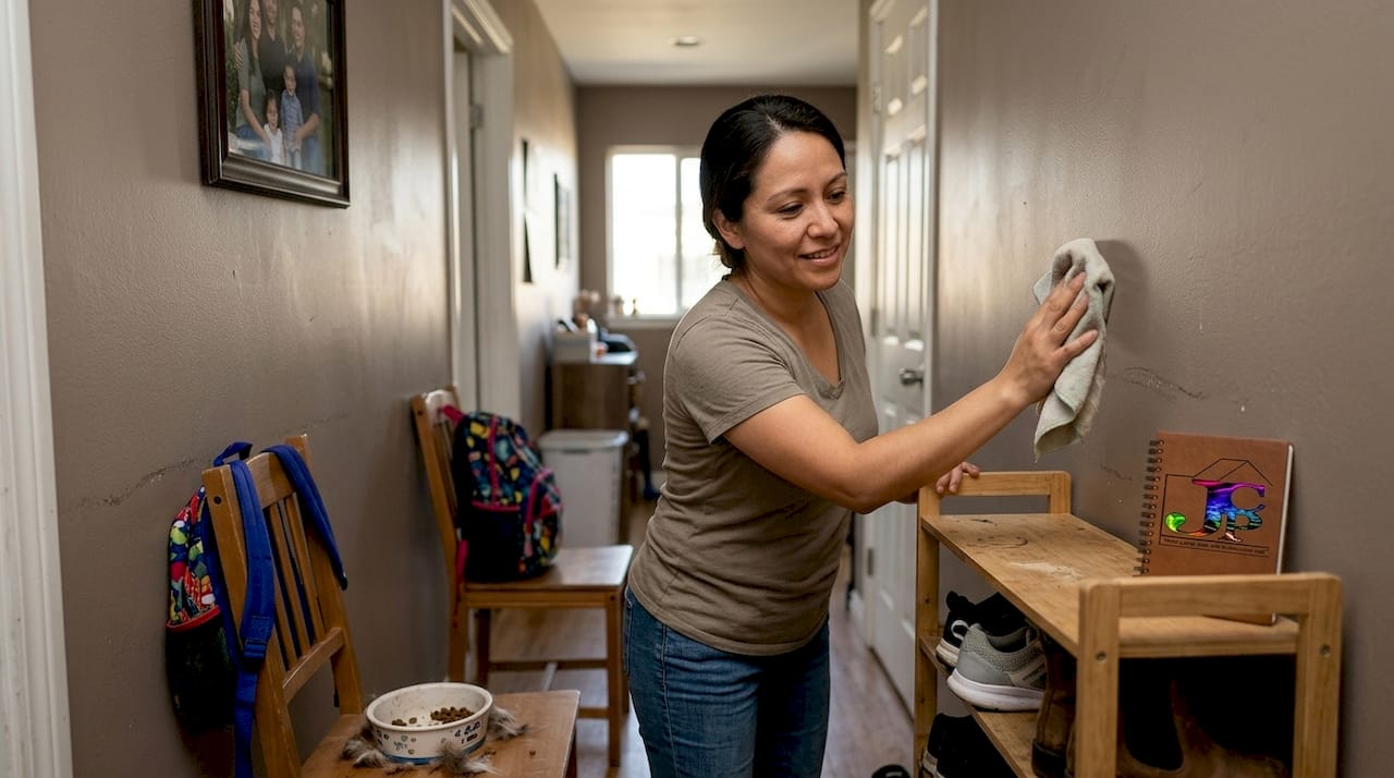 Parent cleaning matte wall in hallway