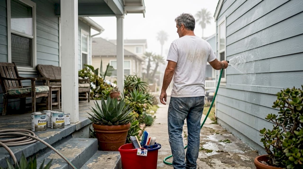 Handyman rinsing coastal LA home exterior