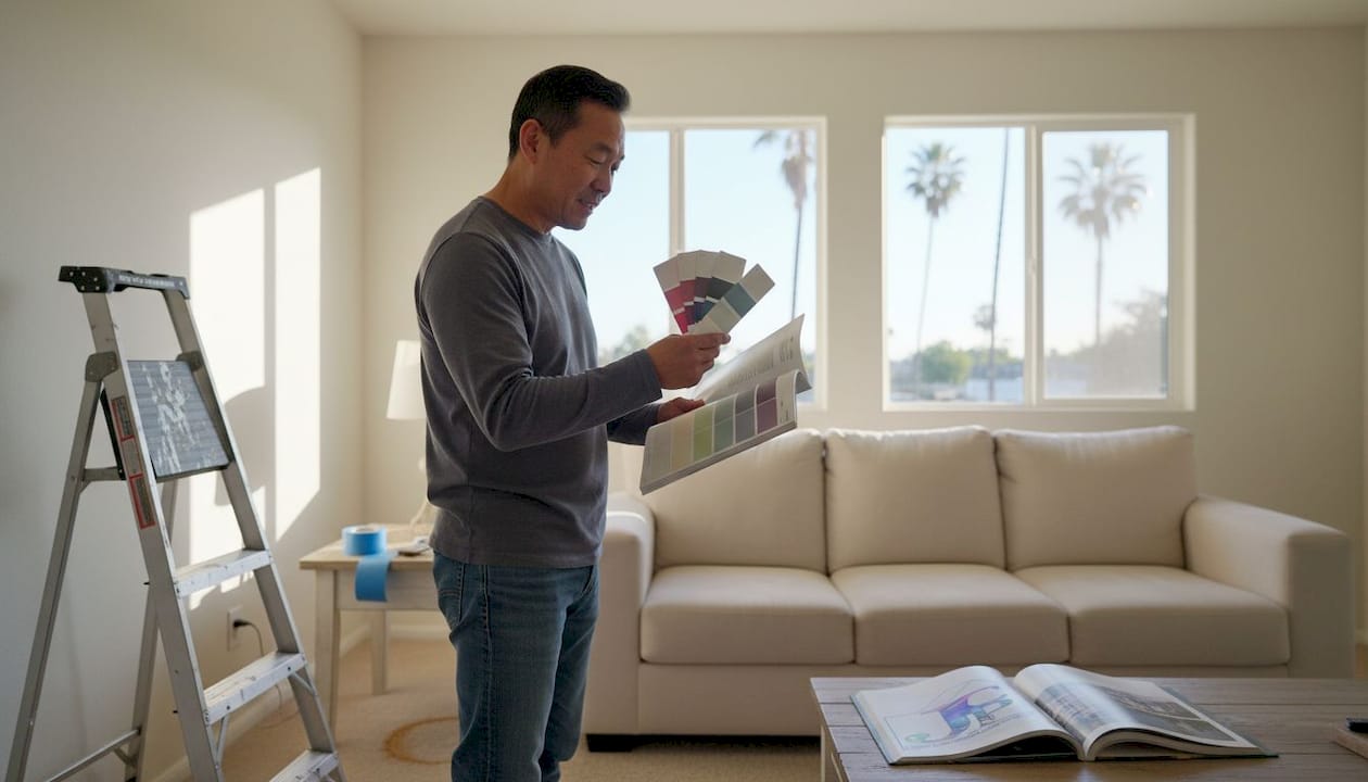 LA homeowner comparing paint colors in living room