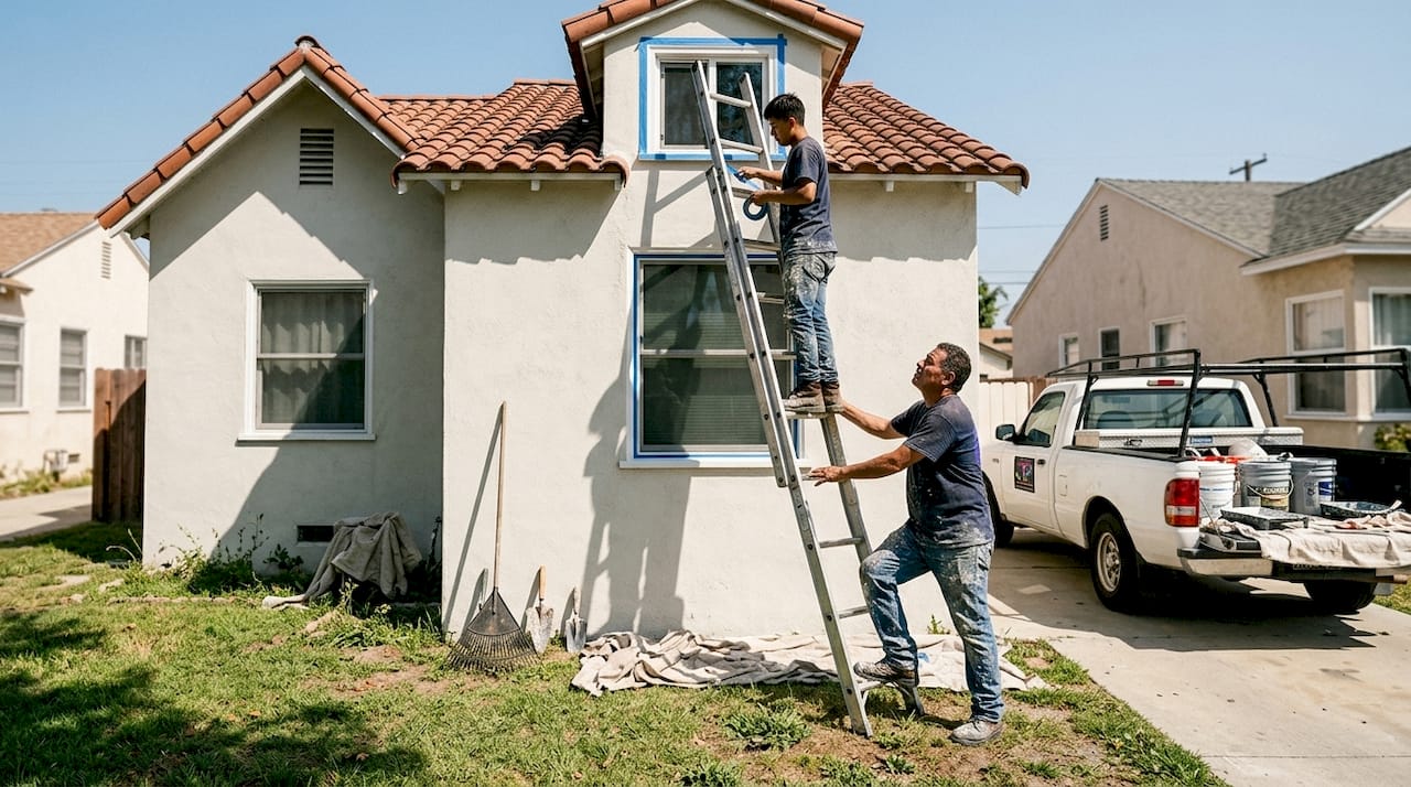 Paint crew works on residential ladder