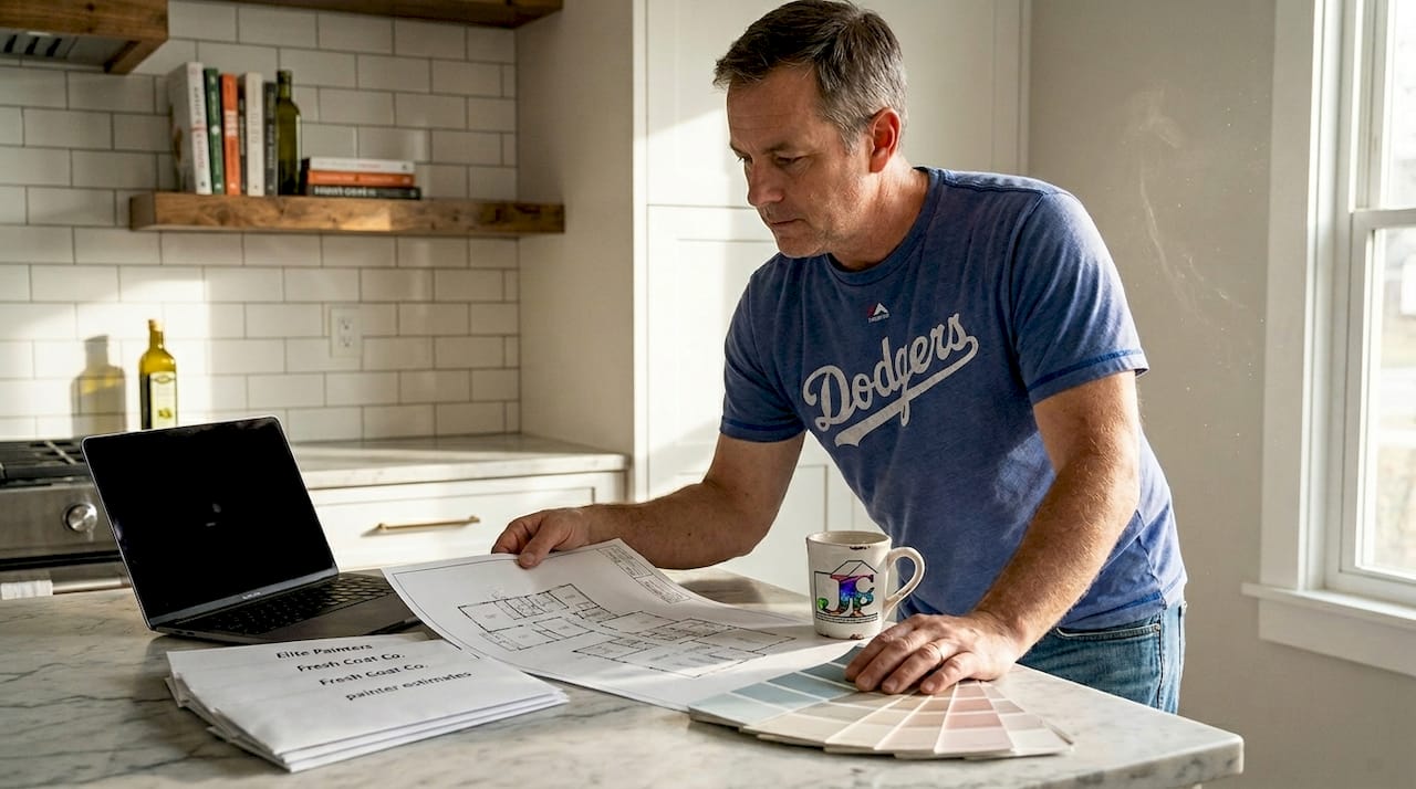 Homeowner reviews color swatches in kitchen