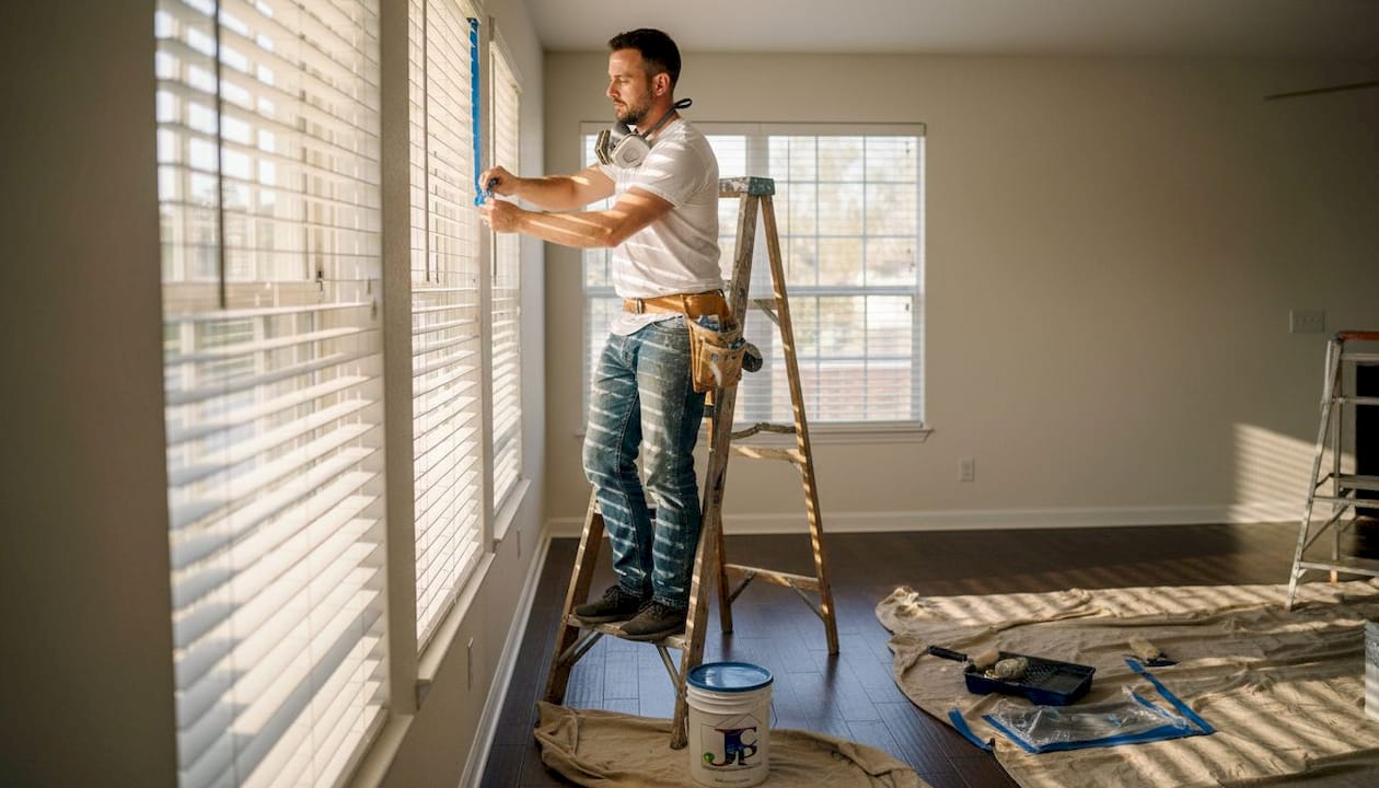 Painter taping window frame for safe home painting