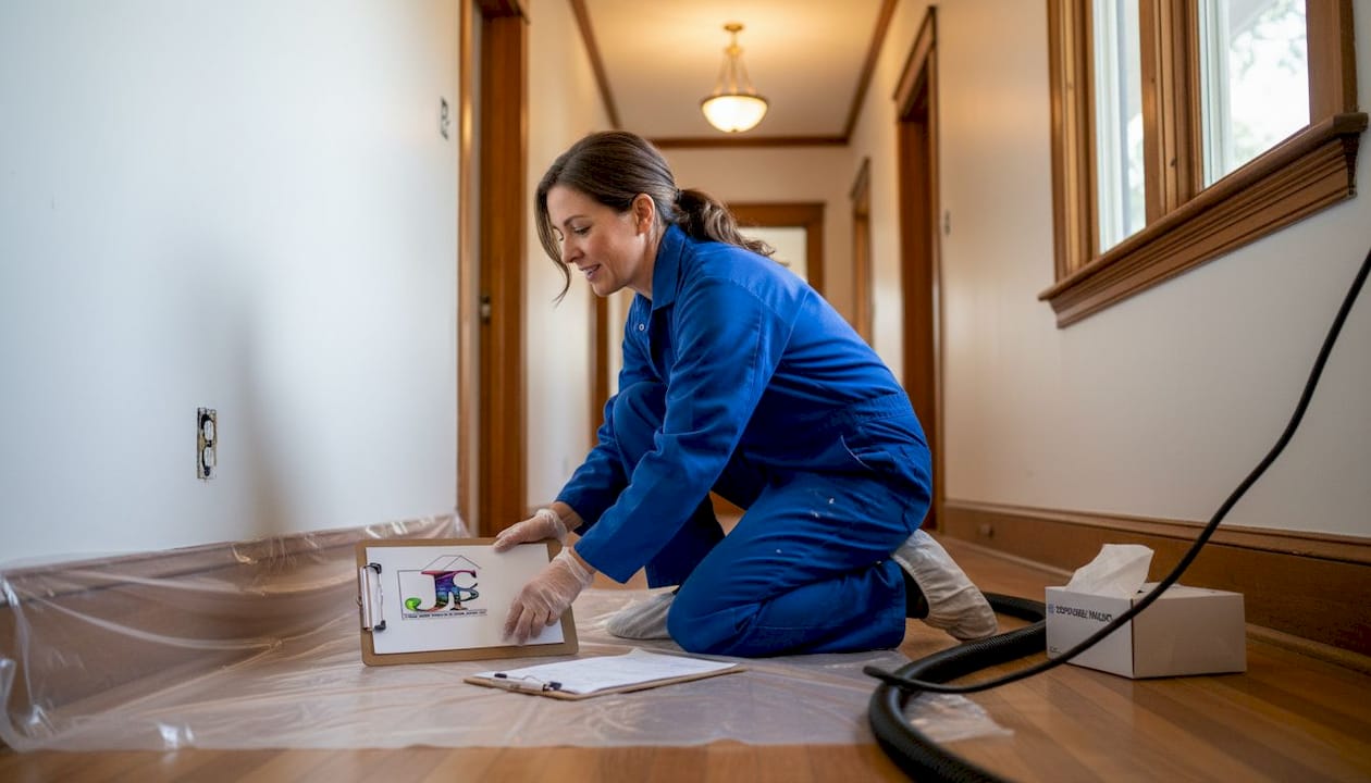 Painter taping plastic sheeting for paint containment