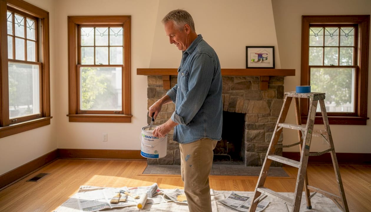 Homeowner prepares eco-friendly paint in LA living room