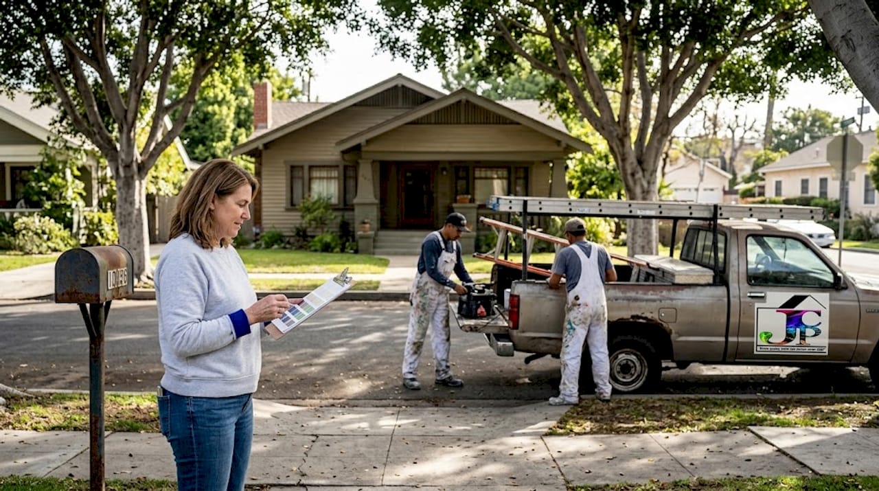 Homeowner reviewing painting requirements outside house