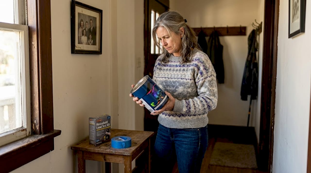 Woman reading eco-friendly paint label in hallway