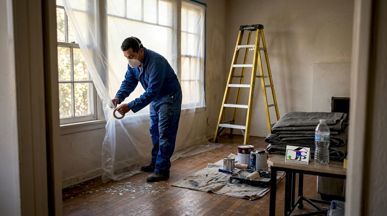 Contractor taping window for lead-safe painting