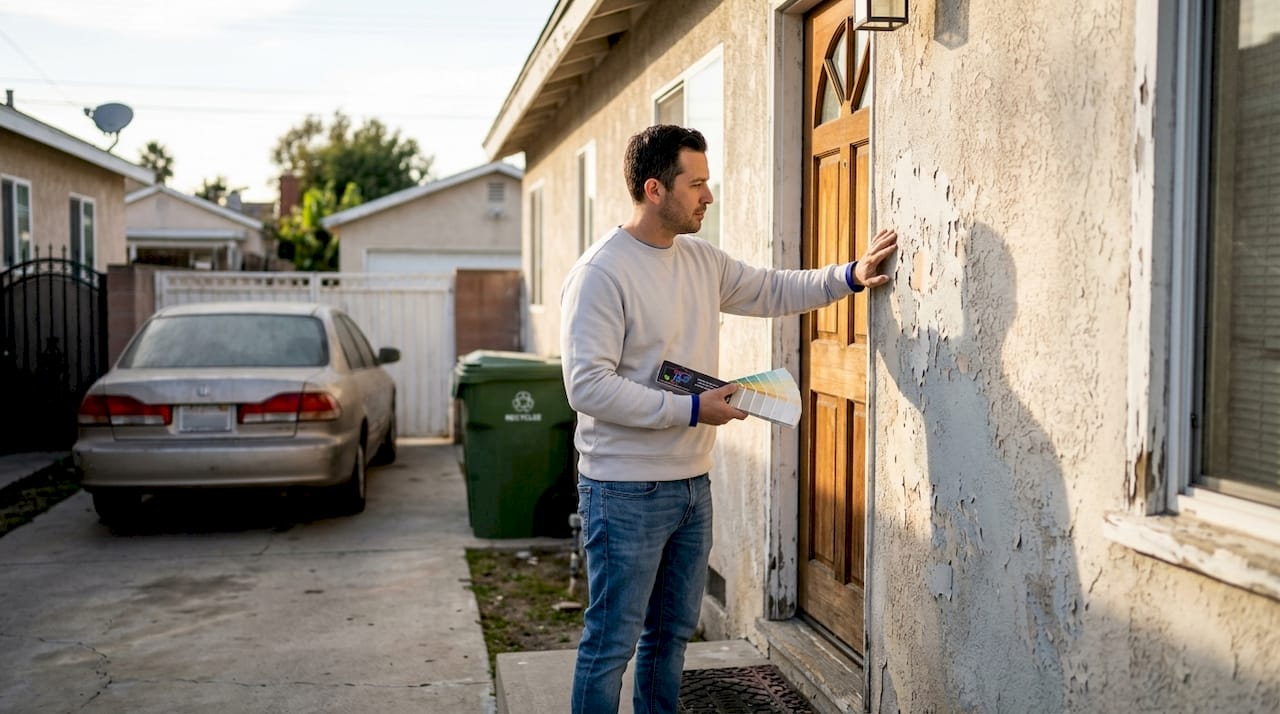 Homeowner inspecting faded paint on stucco wall