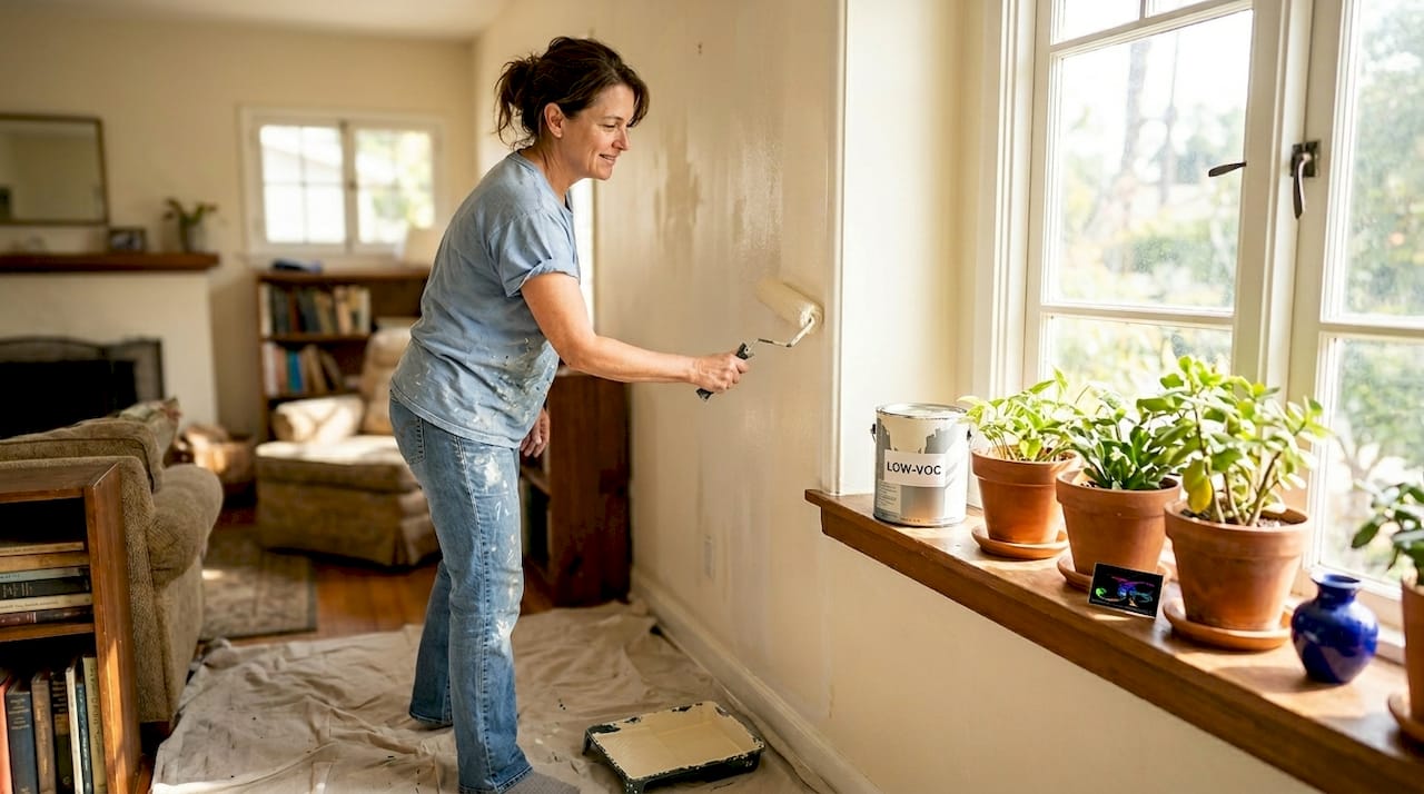 Homeowner painting wall with low VOC paint