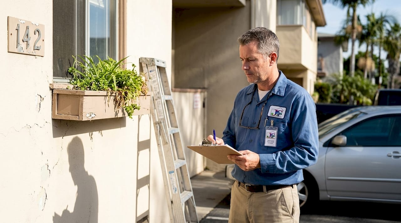 Property manager inspecting building’s painted exterior