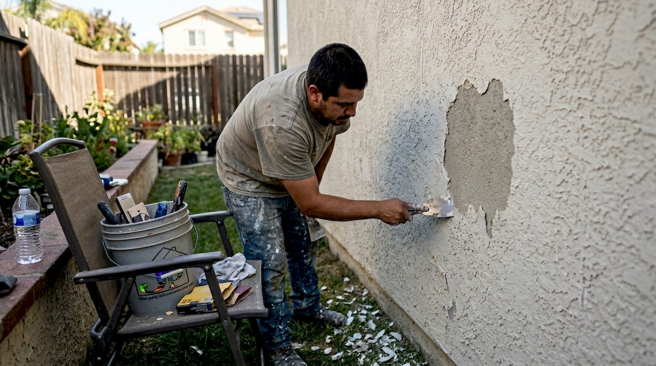 Painter preparing exterior wall for painting