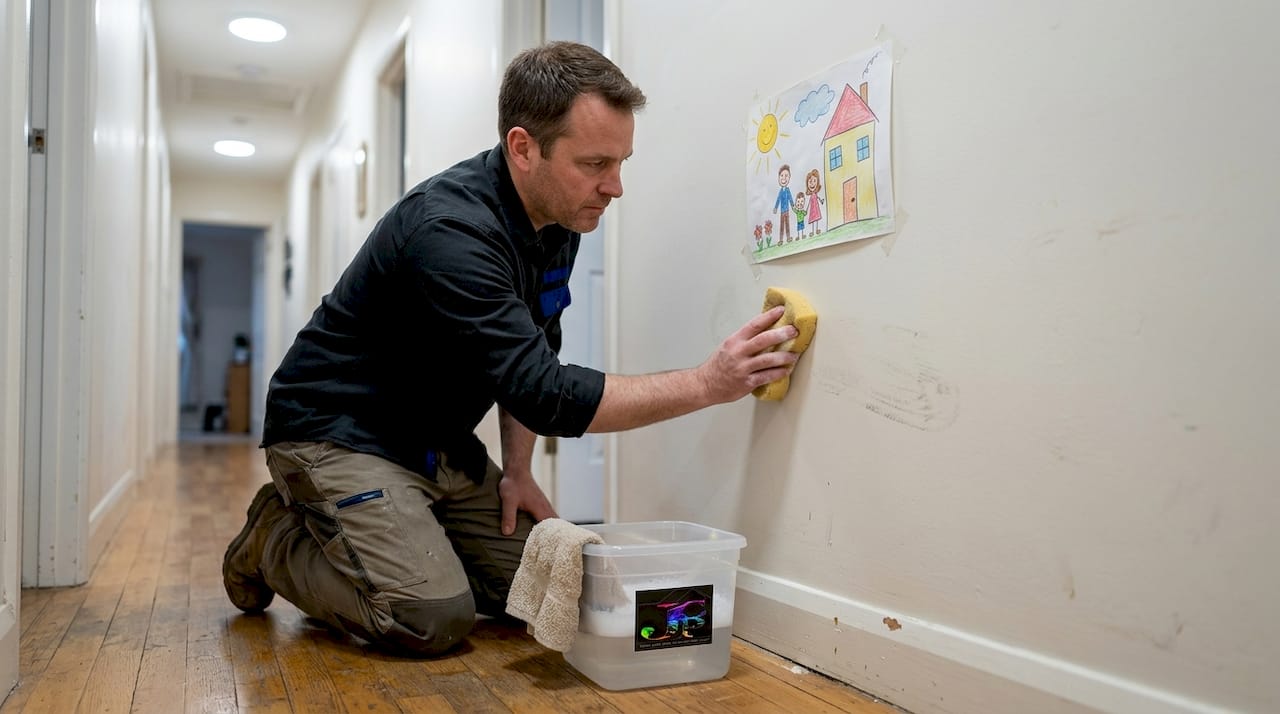 Man scrubs painted hallway wall for cleaning test