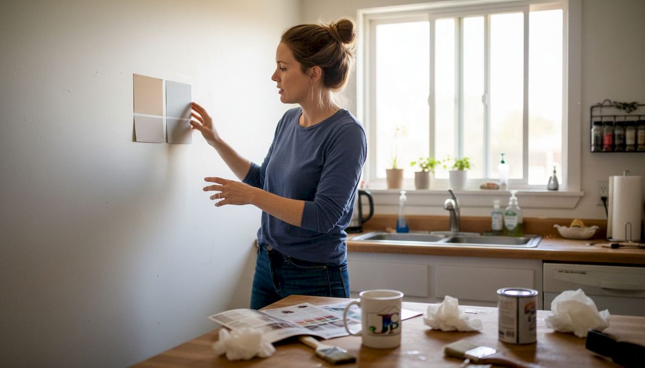 Woman examines paint swatches on kitchen wall