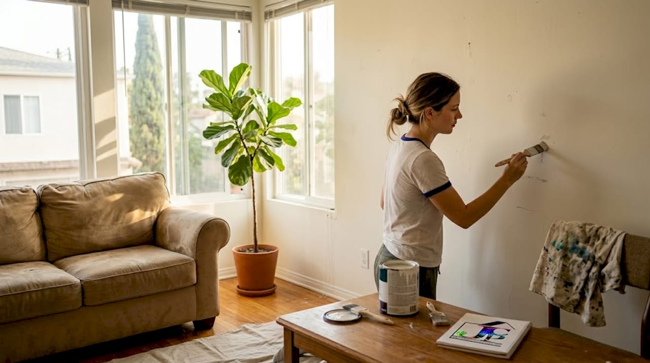 Homeowner touching up living room wall paint