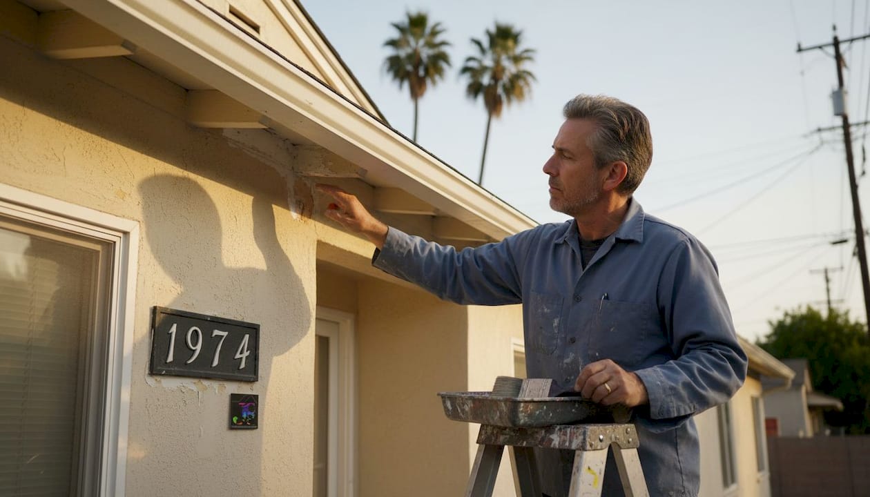 Man examining sun-faded exterior house trim