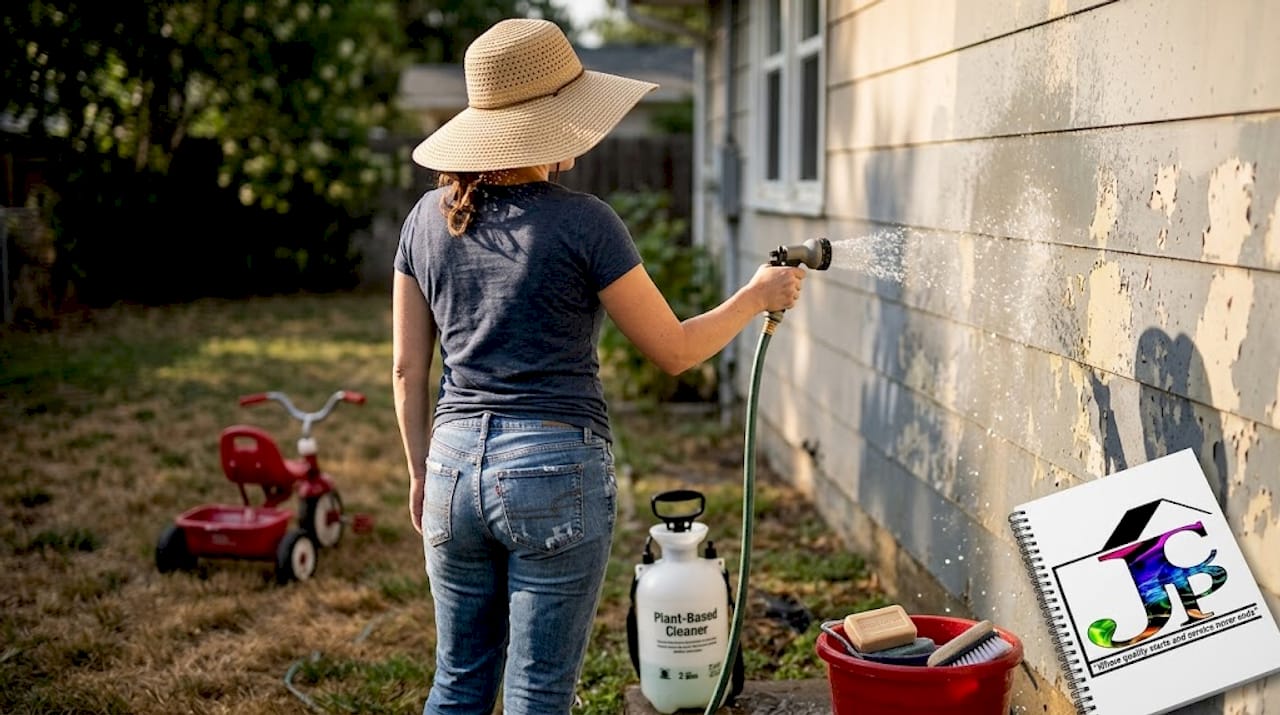 Woman cleaning painted home wall eco-friendly way